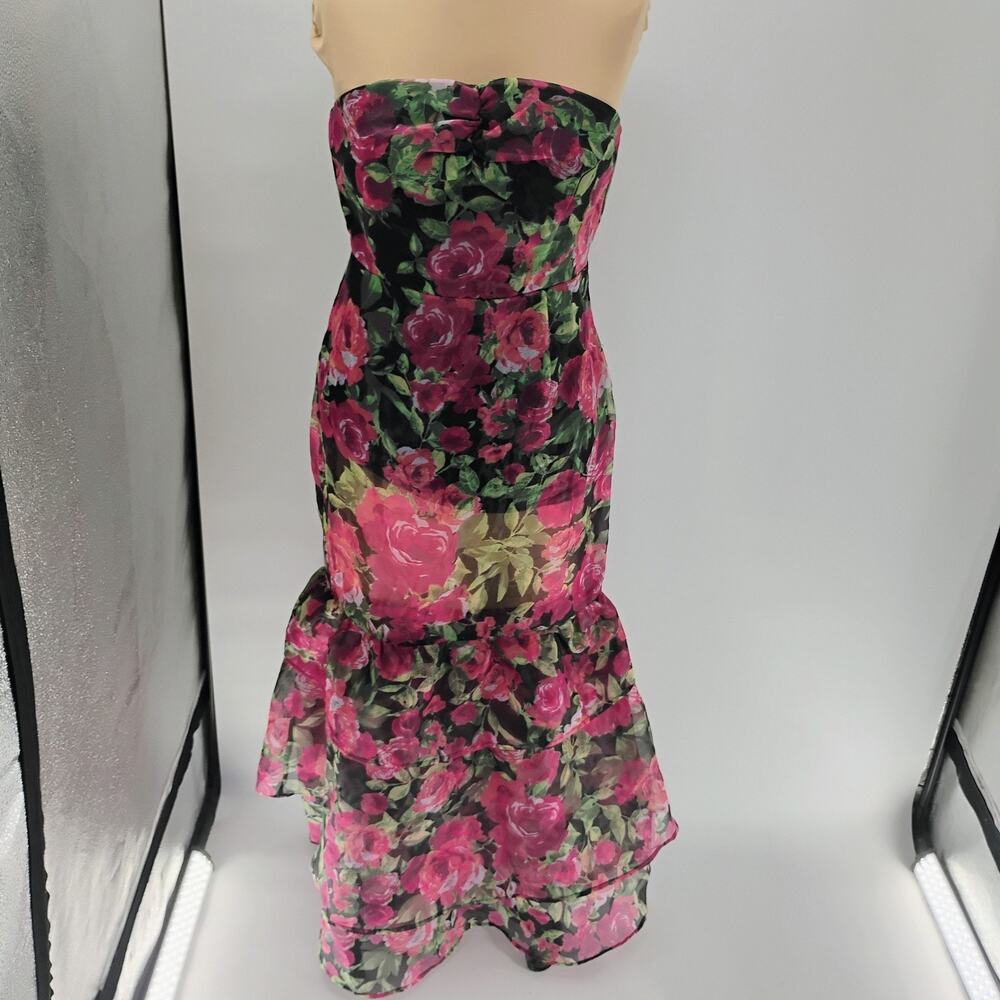 LULUS Truly Extraordinary Black Floral Organza Strapless Tiered Maxi Dress-Sz M - Picture 7 of 15